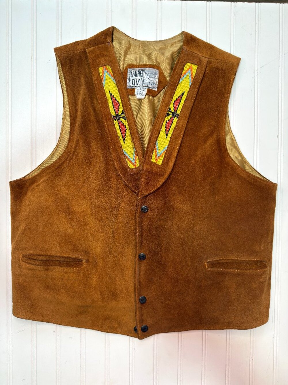Vintage Leather City Suede Leather Vest Beaded Western Southwestern USA Made Lar